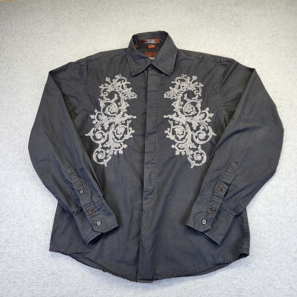 Roar Mens M Poplin Douce Long Sleeve Button Front Shirt Embroidered Washed Black